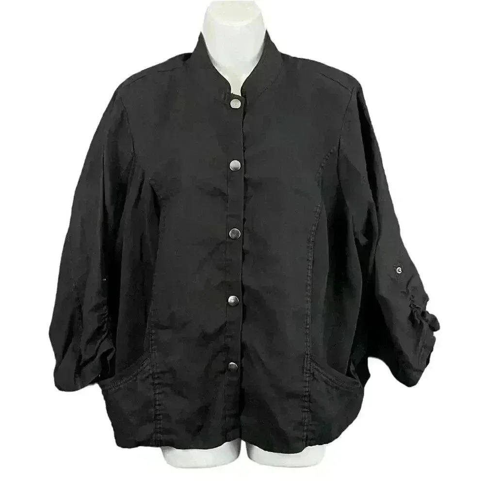 Torrid Black Button Front Blouse Sz 3 100% Linen Loose Pockets‎ Plus Women's